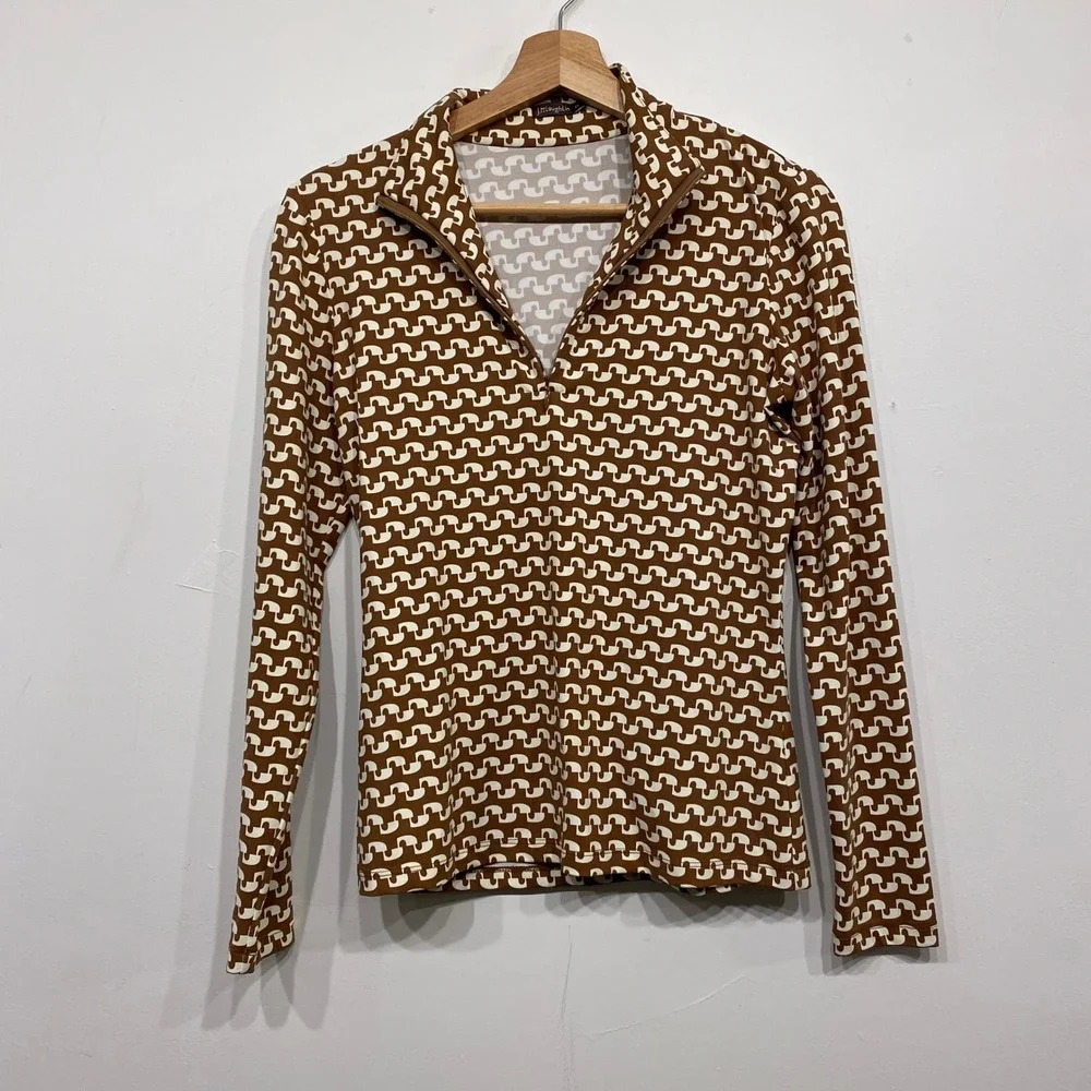 J.McLaughlin Brown Geometric Print Quarter Zip Mock Neck Top XS Long Sleeve